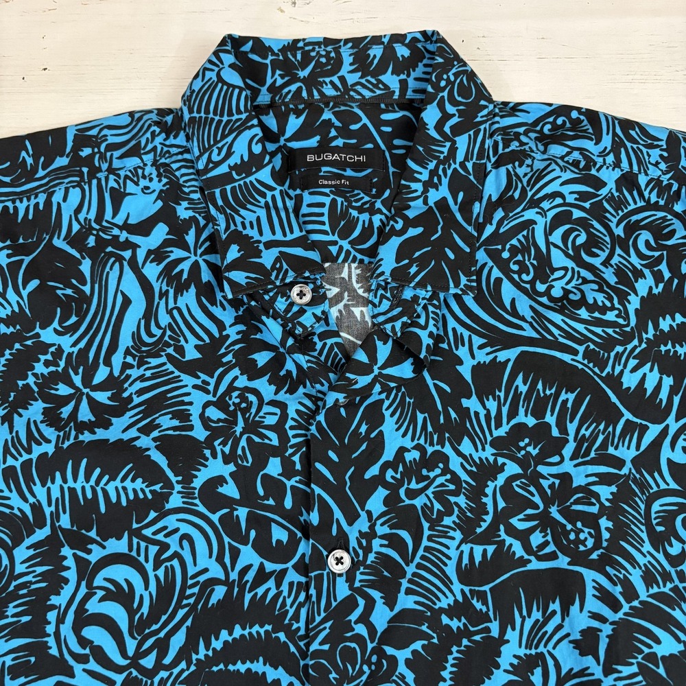Bugatchi Hawaiian Shirt Mens XL Blue Cotton Floral Classic Fit Casual Tropical